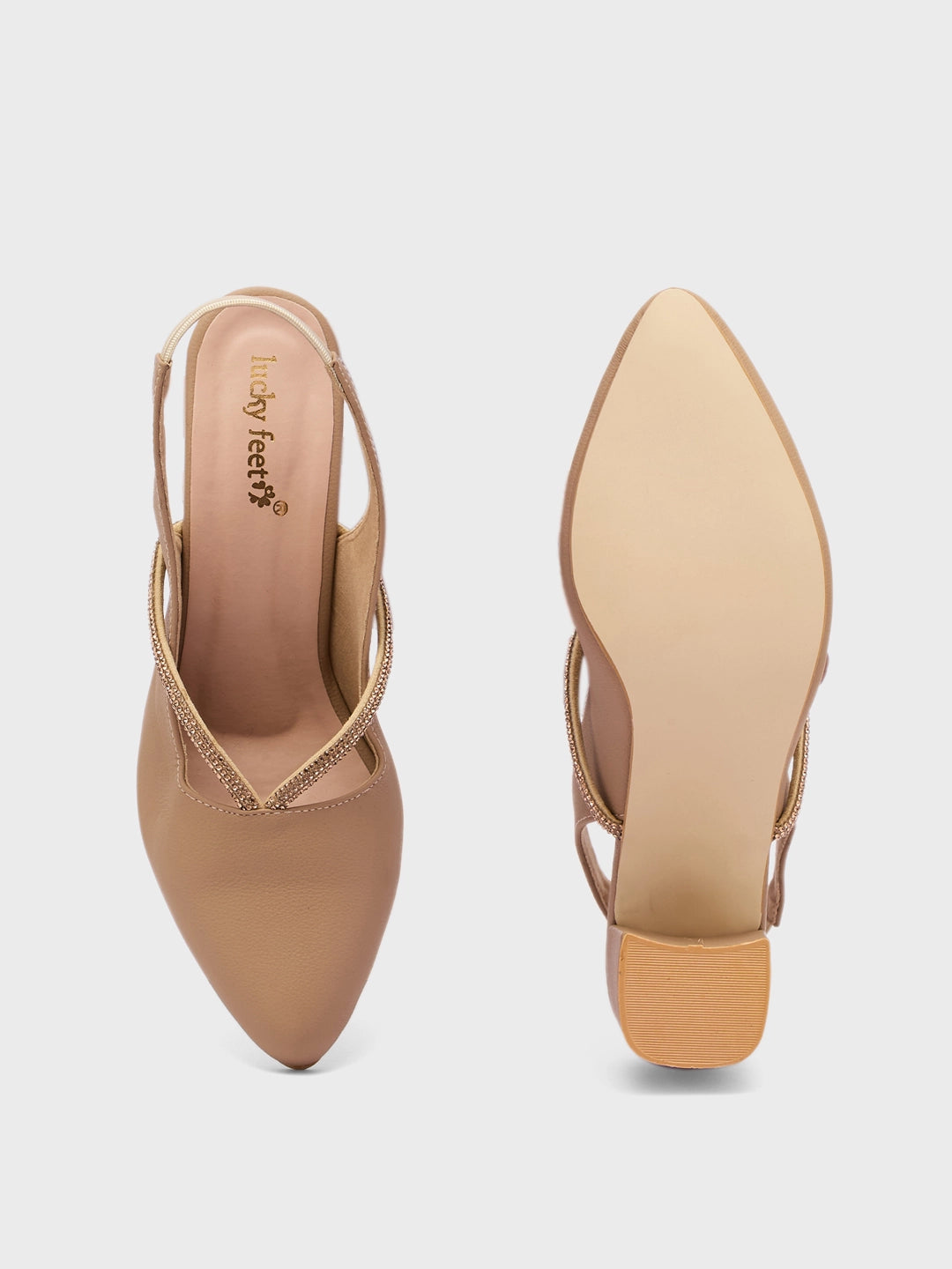 Lucky Feet Glitter Slingback Block Heels, Pointed Toe Party Shoes, Women Elegant Heels, Comfortable Block Heel Pumps, Beige Glitter Heels