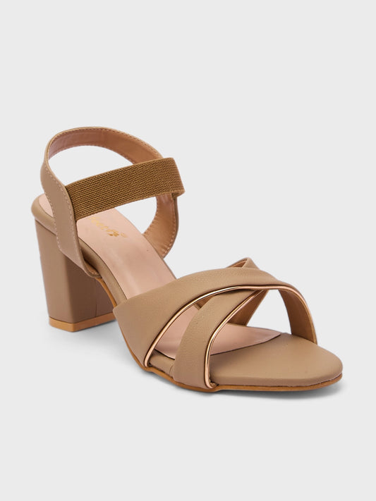 Lucky Feet Taupe Strappy Block Heels Sandal For Women, Pumps for Office, Party and Formal Occasions
